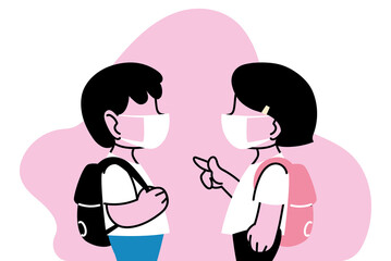 student children with mask talking