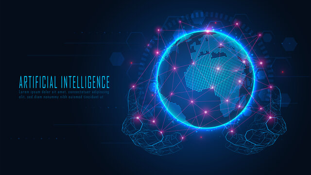 Futuristic Globe with connection network glowing on the hand of Ai robot suitable for future technology artwork 