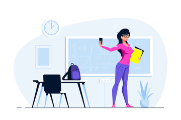 Young woman making selfie, flat style vector.