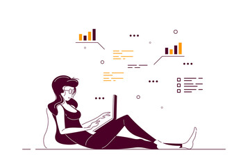 Young woman at home with laptop, flat style vector