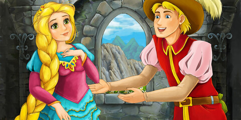 Obraz na płótnie Canvas cartoon scene with prince in the castle tower with princess illustration