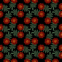 Fototapeta premium Seamless pattern with brown Tagetes patula (French marigold) flowers and green leaves on black background. Endless colorful floral texture. Vector illustration..