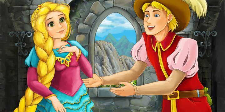 cartoon scene with prince in the castle tower with princess illustration