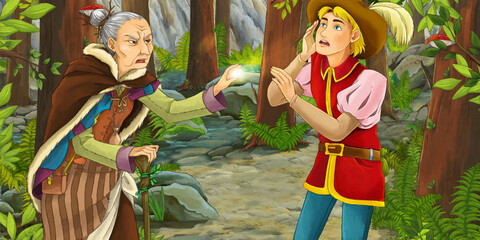 cartoon scene with brave prince and with in the forest - illustration