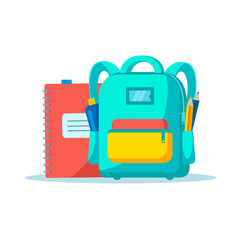 Bag school flat isolated on white background. Green and yellow backpack with school supplies notebook, pencil, bottle with water icon cartoon. School design for web, site, advertising, banner, poster