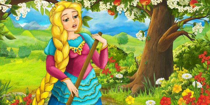 cartoon scene with princess in the farm orchard on the journey illustration
