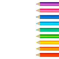 Collection of colored pencils with copy space isolated on white  background. Vector illustration on flat cartoon style. Design for template, web, app, branding, advertising, card, school
