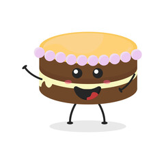 Cute flat cartoon birthday cake illustration. Vector illustration of cute birthday cake with a smiling expression. Cute cake mascot design