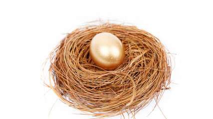 Close up of a golden egg on the straw nest