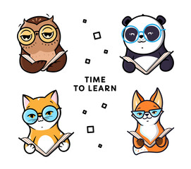 Set of logo Animals reads Book. Characters: panda, fox, cat, owl for education