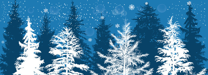 dark and white fir trees group on blue snow background
