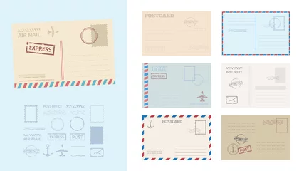 Fotobehang Envelope postcard template set. Stylish card greeting stamps postal services red blue frame fast delivery air ships retro design empty blank graphic template active old school. Delivery vector. © alex_cardo