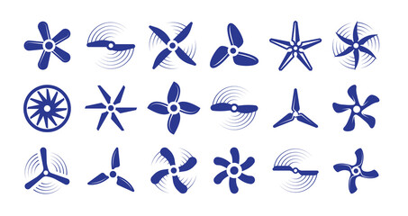 Propellers large set. Retro modern coolers turbine rotary helicopter blades airplanes turbulence stylish ventilation cooling systems graphic power air flow ship rotation energy. Vector aerial. - obrazy, fototapety, plakaty