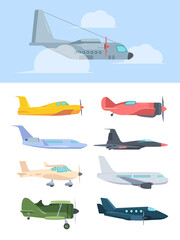 Airplanes stylish set. Big passenger liners cargo plane retro propeller corncob super powerful combat fighter small high speed private jet golfstream compact training aircraft. Color cartoon vector.