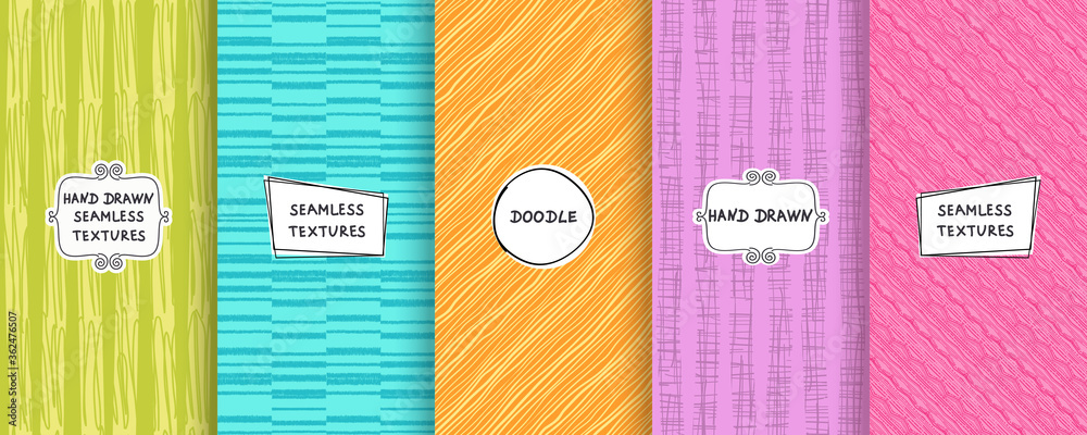 Poster set of seamless hand drawn texture designs for backgrounds, business cards, web design. doodle patte