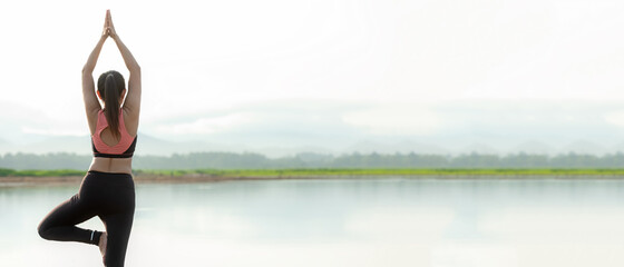 Yoga women lifestyle exercise and pose for healthy life. Young girl or people pose balance body vital zen and meditation for workout sunrise morning 