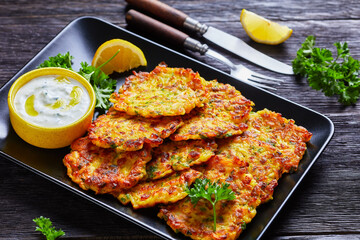 Greek tzatziki sauce and crispy onion latkes