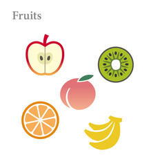 Apple, peach, kiwi, orange and banana fruits color icons vector illustration