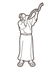 Jewish blowing the Shofar horn cartoon graphic vector.