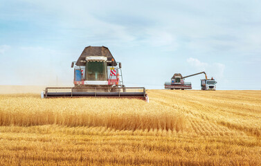 Combine harvesting wheat on sunny summer day