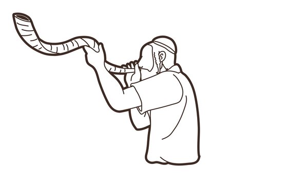 man blowing shofar, line art clip art preview