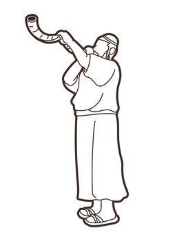 man blowing shofar, line art clip art preview