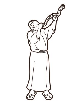 man blowing shofar, line art clip art preview