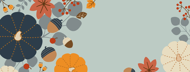 Horizontal Rectangle Banner Design for Autumn/Fall with Pumpkins, Leaves, Nuts, Acorns, and Berries