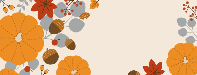 Horizontal Rectangle Banner Design for Autumn/Fall with Pumpkins, Leaves, Nuts, Acorns, and Berries
