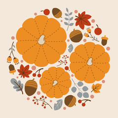 Vector Circular Background Illustration with Pumpkins, Autumn Leaves, Nuts, Acorns, and Berries