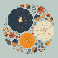 Vector Circular Background Illustration with Pumpkins, Autumn Leaves, Nuts, Acorns, and Berries