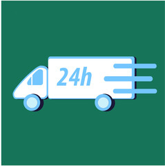 White delivery truck with 24 hours sign flat vector illustration on green background
