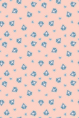 A seamless pattern with faceted crystals. Blue hearts and diamonds with black stroke on an isolated white background. Pattern of stickers on a blended pink background. 