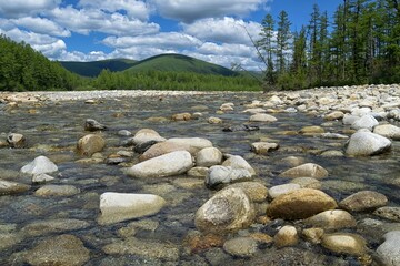 Mountain river valley. Headwaters of the right tributary of the Bureya River. Bureya Nature Reserve. Khabarovsk Krai, Verkhnebureinsky District. Far East, Russia.