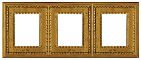 Triple golden frame (triptych) for paintings, mirrors or photos isolated on white background
