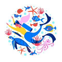 Diving. Extreme sport. Underwater swimming. Girl diver and exotic fish and underwater world. Vector illustration.