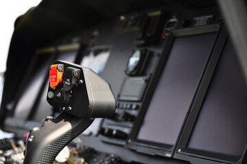 Control panel and control equipment of plane in cockpit. Plane cockpit with many function to control. monitor equipment in plane cockpit and operation by pilot and copilot in transport business.