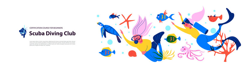 Diving. Extreme sport. Underwater swimming. Girl diver and exotic fish and underwater world. Vector illustration.