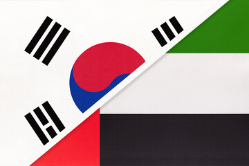 South Korea and United Arab Emirates or UAE, symbol of national flags from textile. Championship between two countries.