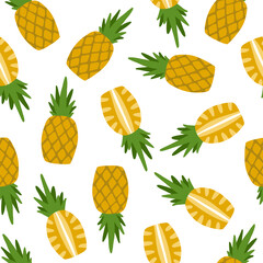 Bright seamless pattern - whole and halves pineapples. Simple and stylish illustration for packaging, cards, design. Cute yellow fruits in flat style.