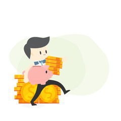 Smart Businessman sit on money coin hold piggy bank with a pile of coins,investment concept