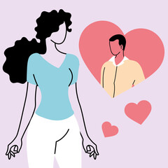woman in doubt thinks of man in love, man inside the thought bubble