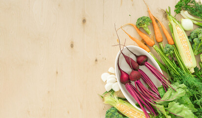 Raw ingredients for cooking vegetarian food on wooden table copy space Healthy vegan meal top view