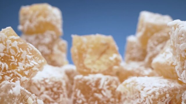 super close up. Details, dessert rahat lokum with coconut