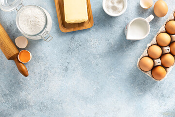 Ingredients for cooking pie with copy space Bakery background top view