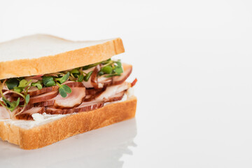 fresh delicious sandwich with meat and sprouts on white surface