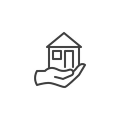 Fototapeta na wymiar Hand holding home line icon. linear style sign for mobile concept and web design. House in hand outline vector icon. Symbol, logo illustration. Vector graphics
