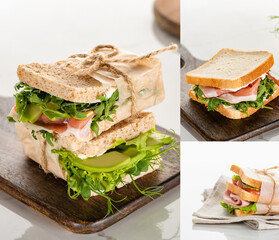 collage of fresh green sandwiches with meat on wooden cutting board on marble white surface