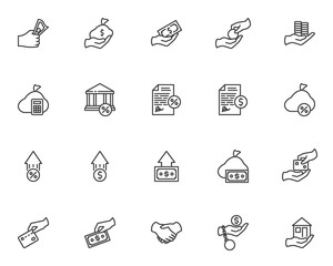 Credit and Loan line icons set. linear style symbols collection, outline signs pack. Business Finance vector graphics. Set includes icons as credit card, money bag, interest, mortgage, bank percent