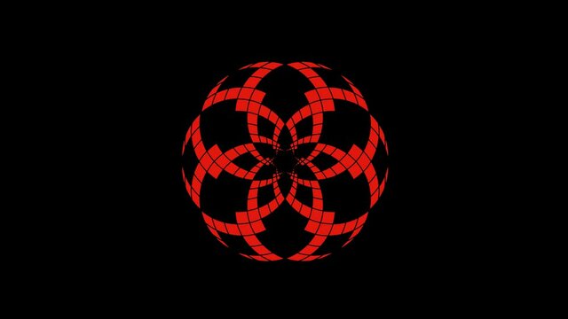 Graphic object in the shape of a hexagon composed of chained circles that rotate clockwise in the center, of various sizes, on a background with a hypnotic, psychedelic and stroboscopic effect.